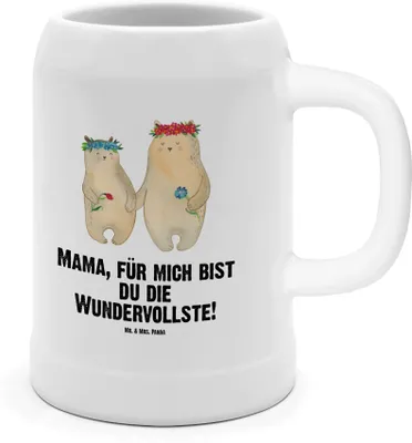 Produktbild von Mr. & Mrs. Panda Bierhumpen Bären mit Blumenkranz - Weiß - Geschenk, Steinkrug, Bier Seidel, Tochter, Familie, Kinder, Keramikkrug, Humpen, Mutter, Krug, Bruder