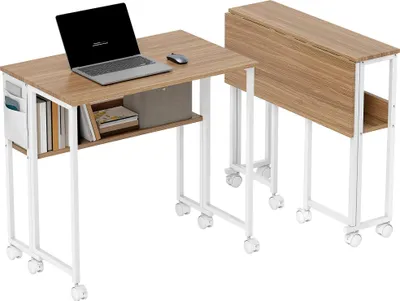 Obrázek produktu pro Psací stůl – skládací počítačový stůl – s kolečky – s úložným prostorem – obdélníkový – 80 cm – pro malé prostory – hnědý