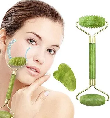 Produktbild von Jade-Roller- und Gua-Sha-Steinset für Gesichtsmassagen, Hautpflege und Anti-Aging, Massagegerät für Gesicht, Augen und Hals zur Reduzierung von Schwellungen, Falten und Augenringen