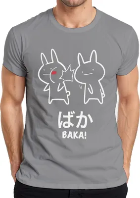Zdjęcie produktu dla ばか BAKA! Koszulka męska Anime Kawaii Bunny Slap Otaku Manga Japan Chibi Cute, szary, M