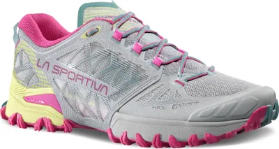 La Sportiva Bushido III Woman Trailrunning-Schuh in Grau mit pinken und gelben Akzenten.