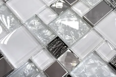 Produktbild von Handmuster Mosaikfliese Transluzent Edelstahl weiß Kombination Glasmosaik Crystal Stahl weiß Glas MOS88-01699_m