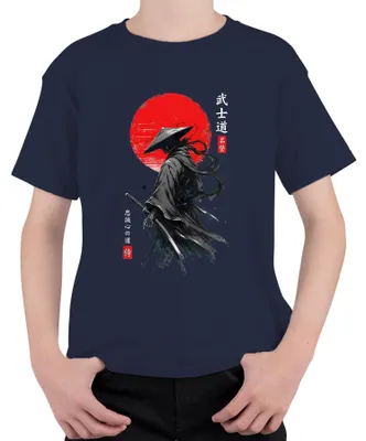 Immagine prodotto di Maglietta per bambini con motivo samurai, ronin, katana, sole rosso, Giappone, guerriero, stile anni 2000, shogun, colore blu navy, taglia 128