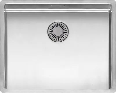 A top-down view of a stainless steel kitchen sink with a drain.
