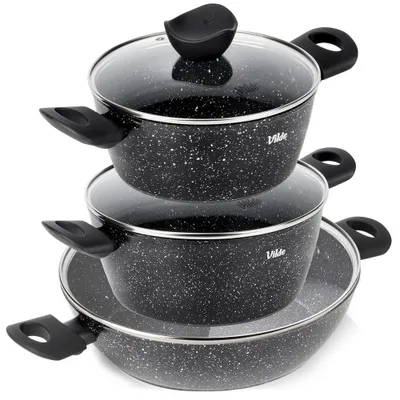 Produktbild von Vilde | Kochset 3-teilig - mit Glasdeckeln - Töpfe 2,2 / 3,6 L - Tiefe Pfanne 3,5 L - Antihaftbeschichtung - GRANITICA