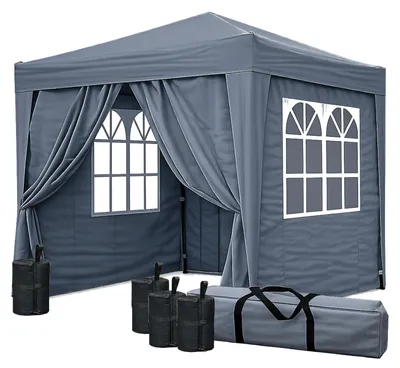 Produktbild von Faltpavillon 2 x 2 m Smoky Grau mit 4 Fußgewichten, 4 Easy-Klett Seitenwände (2 Reißverschlüsse, 2 Fenster), Pop Up Pavillon Faltbar, mit Tragetasche