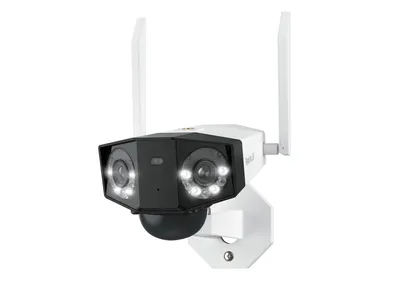 A white and black security camera with two lenses and LED lights is shown against a white background.