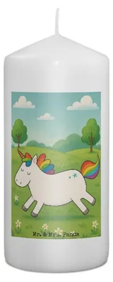 Produktbild von Mr. & Mrs. Panda Kerze Einhorn Happy Design 15 x 7 cm - Weiß - Geschenk, Einhörner, Unicorn, Stumpenkerze, Wachskerze, Bedruckte, Freude, Lachen, Lebensfreude