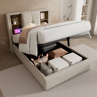 Produktbild von okwish Polsterbett Boxspringbett 90 x 200 cm mit Kopfteil mit Stauraum und USB-Ladeanschluss, Hydraulisches Stauraumbett mit Bettkasten Stauraum und LED-Beleuchtung(Ohne Matratze)- Naturbelassen