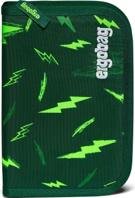 A dark green pencil case with a lightning bolt pattern in lime green.