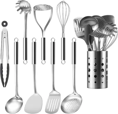 Produktbild von Kochbesteck-Set Pleafind Küchenhelfer-Set, 9-teiliges Kochgeschirr-Set, Kochlöffel-Set aus Edelstahl mit Suppenkelle, Schaumstofflöffel, Pfannenwender