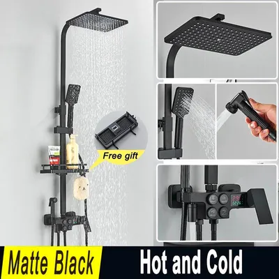 Immagine prodotto di Set doccia - Sistema doccia a pioggia termostatico - Montaggio a parete - Display LCD della temperatura - Doccetta e doccetta per bidet - Bocca di scarico per vasca - Nero opaco