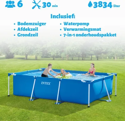 Produktbild von Intex-Schwimmbecken mit rechteckigem Rahmen – 300 x 200 x 75 cm – Blau – im Lieferumfang enthalten Abdeckung - Bodenplane - Filterpumpe für Schwimmbad - Solarmatte - Wartungspaket - Reinigungskit
