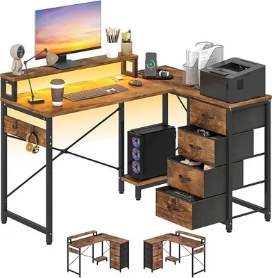 Imagen del producto de Escritorio L con toma de corriente USB y cajones, 130 cm, color marrón