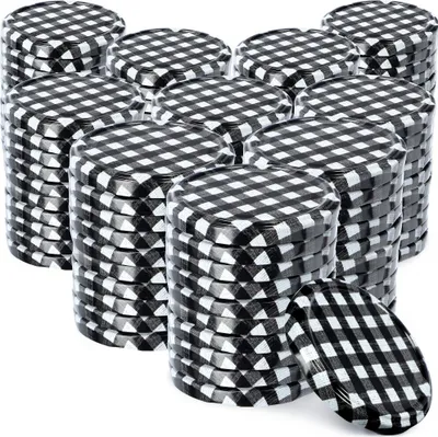 Produktbild von KADAX Einmach-Deckel Set aus Metall "Virbo", mit 6 Einrastzähnen, Schwarz kariert, 82 mm, 100 Stück
