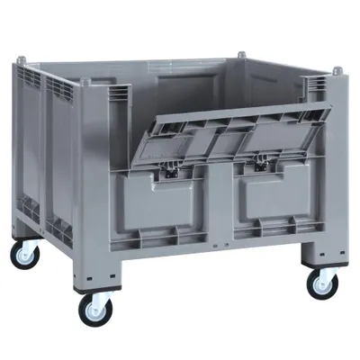 A gray plastic pallet box with two hinged lids on top and four wheels at the bottom, shown from a three-quarter angle.