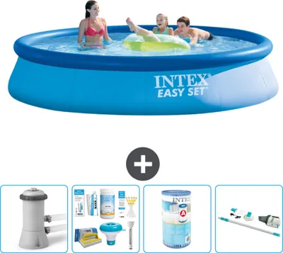 Produktbild von Intex runder aufblasbarer Easy Set-Schwimmpool – 396 x 84 cm – Blau – inklusive Pumpe Wartungspaket - Filter - Staubsauger