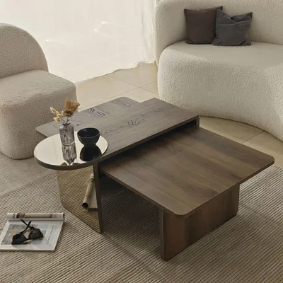 Produktbild von Skye Decor, Hochwertiges Kaffeetisch-Set (2 Teile), Bronze und Walnuss, 105 x 35 x 60 cm & 82 x 40 x 33 cm | 100% melaminbeschichtete Spanplatte, 18 mm dick | Modernes Design für Ihr Zuhause.