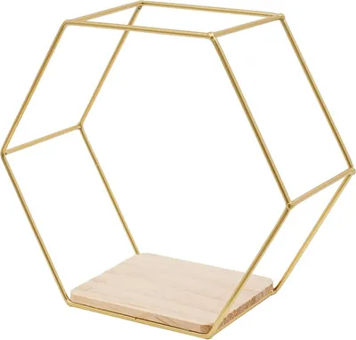 Produktbild von Hexagon Wandregale - Wandmontage Regalset - 3-Teilig - Metallrahmen Und Holz - Tragkraft 5 kg Pro Regal - Gold