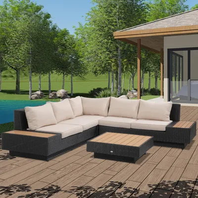 Produktbild von Polyrattan Loungeset 4-tlg., Gartengarnitur Sitzgruppe Doppelsofa, PE-Rattan Stahl, Schwarz | 165x84x73 cm | 10 cm Polster | abnehmbare Bezüge