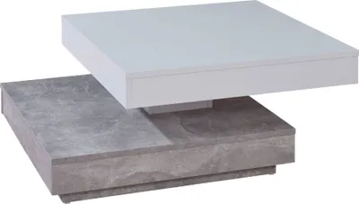 A modern coffee table with a two-tiered design, featuring a white top surface and a gray, concrete-look base.