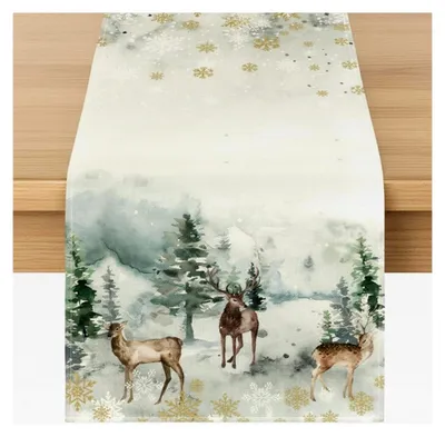 Produktbild von Tischläufer Weihnachten 40x140 cm, Aquarell Rentier und Baum Design, Festliche Tischdekoration für Weihnachten und Winteranlässe
