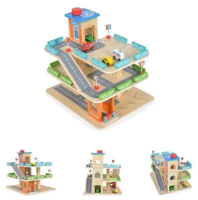 Produktbild von Moni Kinderspielzeug Holz-Parkhaus drei Etagen 25-tlg. 4 Autos 3 Etagen Schranke bunt
