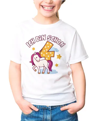 Produktbild von Kinder T-Shirt Mädchen Einhorn Alter Zahl Spruch Ich bin schon (3-8) Geschenk zum Geburtstag für Mädchen Moonworks® 4. Geburtstag weiß 122-128 (7-8 Jahre)