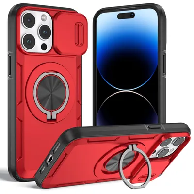 Obrázek produktu pro Magnetické pouzdro pro iPhone 14 Pro, ochranné pouzdro s ochranou fotoaparátu a kroužkovým stojánkem Červená