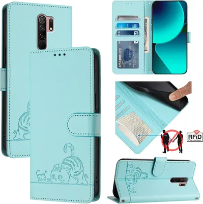 Produktbild von Leder Hülle für Xiaomi Redmi 9 Süße Katze Flip Case Brieftasche Schutzhülle mit Standfunktion hellgrün