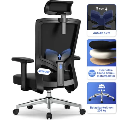 Zdjęcie produktu dla Krzesło biurowe Adormii, ergonomiczne krzesło do biurka z regulowanymi podłokietnikami, miękkim podparciem lędźwiowym i zagłówkiem, obrotowe krzesło dla kadry zarządzającej, wytrzymałe do 200 kg