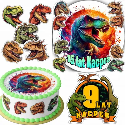 Obrázok produktu pre SADA DEKORÁCIÍ NA TORTU 20 cm + 16 POSTAVIČIEK - DINOZAUR + MENO 15 cm, 18 cm