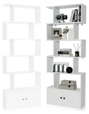 Produktbild von Bücherregal mit 5 Fächern, Standregal mit Schrank und 2 Türen, Aufbewahrungsregal aus Holz, Raumteiler für Wohnzimmer, Büro und Arbeitszimmer 70x23x183cm (Weiß)
