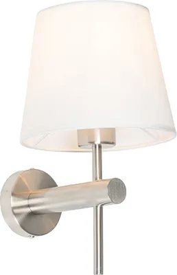 Produktbild von QAZQA - Moderne Wandleuchte Stahl I Silber I nickel matt mit weißem Schirm - Pluk I Wohnzimmer I Schlafzimmer - Stahl Rund - LED geeignet E27