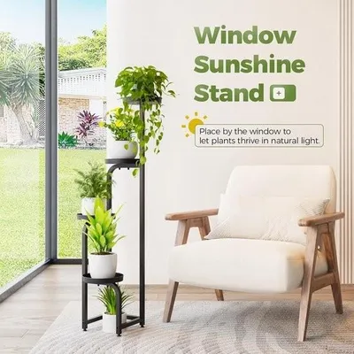 Image de Support de plantes haut pour l'intérieur et l'extérieur - support d'angle en métal - plusieurs plantes - étagère à plantes robuste à 4 étages - terrasse, jardin, balcon, salon, chambre, noir