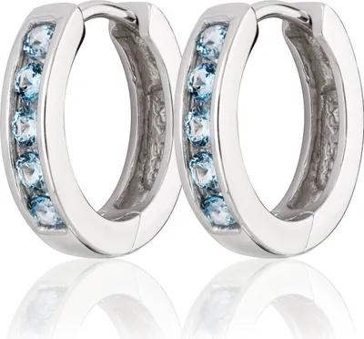 Produktbild von Paar Ø 14mm 925 Sterling Silber Klappcreolen Zirkonia blau Ohrringe rhodiniert