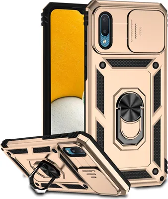 Image de Étui pour Samsung Galaxy A02 étui double couche avec couvercle coulissant pour l'appareil photo et anneau de support Or