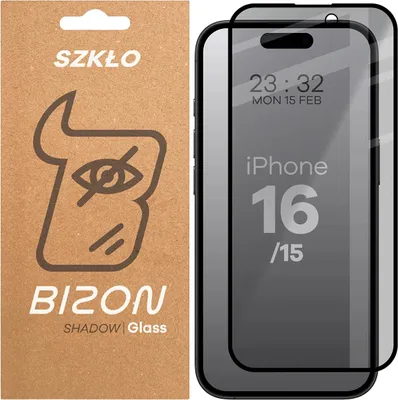 Produktbild von Bizon Glass Edge Shadow Privacy Panzerglas für iPhone 16/15, getönt mit schwarzem Rahmen