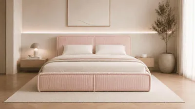 Produktbild von MOEBLO Polsterbett Bett 04 – Doppelbett mit Cord Bezug, Kopfstütze, gepolstertes Kopfteil, Rahmenbettgestell, Bettkasten und Lattenrost - 140x200 - Flamingo (Poso 52)