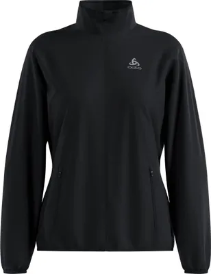 Schwarze Odlo Essentials Light Laufjacke mit Stehkragen und Reißverschlusstaschen vorne