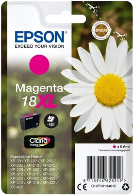 Packaging for an Epson 18XL magenta ink cartridge, featuring a daisy.