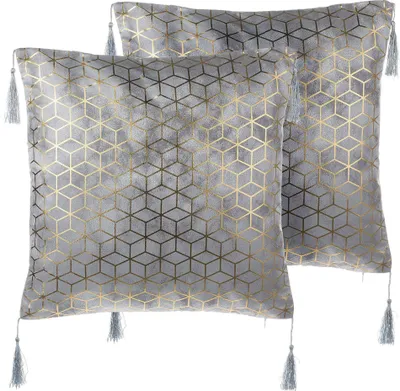 Produktbild von BELIANI Sada 2 dekoratívnych vankúšov strieborný žakárový vzor kocky 45 x 45 cm s geometrickou potlačou a strapcami