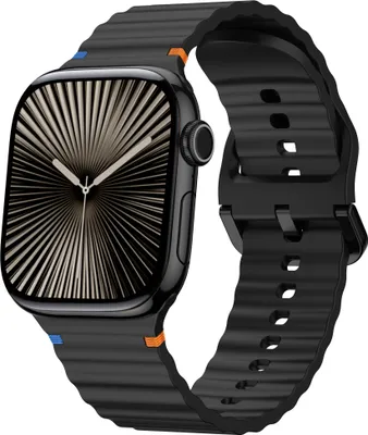 Produktbild von Strap-it Wave Silikonarmband mit Schnallenverschluss – passend für Apple Watch Serie 1/2/3/4/5/6/7/8/9/10/X/SE/Ultra – Silikonarmband für iWatch große Größen 44/45 / 46/49 mm (Schwarz)