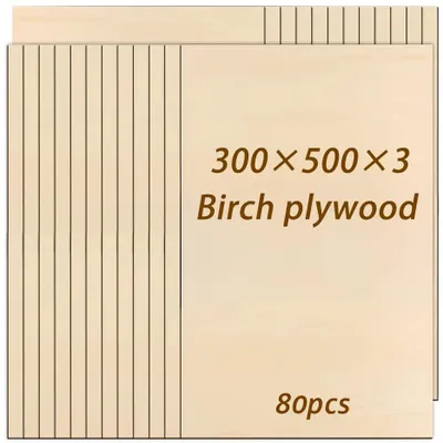 Immagine prodotto di Pannelli di compensato di legno di tiglio - Compensato per taglio laser - 80 pezzi - 300 x 500 mm - Spessore 3 mm - Adatto per incisione laser - Ideale per modellismo