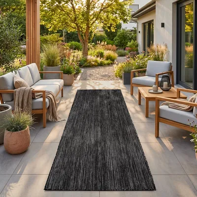 Immagine prodotto di Homebyhome Tappeto Outdoor Nero 80x250 cm Balcone Terrazza Giardino Resistente intemperie UV Passatoia Tinta unita Tessuto piatto Moderno