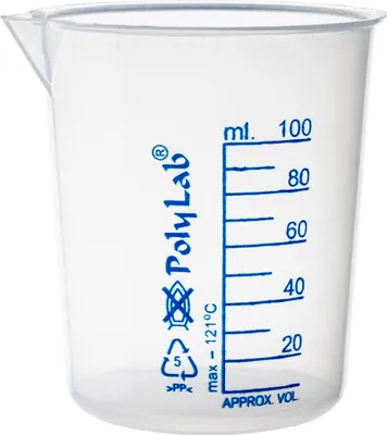 Image de Gobelet bas avec bec verseur, PP durable, 100 ml, graduation laquée bleue