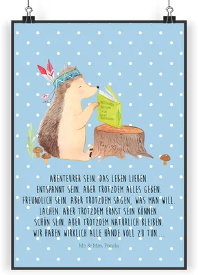 Produktbild von Mr. & Mrs. Panda Bild Igel Federschmuck DIN A5 - Blau Pastell - Geschenk, drucke, Abenteuer, wandkunst, Camping, Indianer, Tiere, Wandbild, wanddeko, Lagerfeuer, Plakat