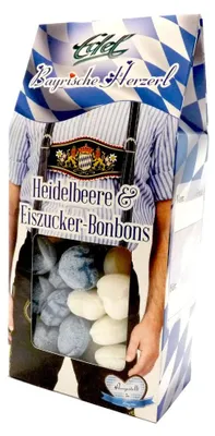 Produktbild von Edel Herzbonbons Lederhose weiße und blaue in einer Giebelbox 150g