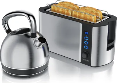 Produktbild von Arendo Frühstücks-Set, Wasserkocher Edelstahl 1,7l, 4 Scheiben Langschlitztoaster, 4 Scheiben Toaster, Frühstücksset, Wasserkocher Retro, 2200W, Brötchenaufsatz, silber