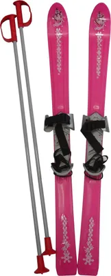 A pair of pink children's skis with poles, displayed against a white background.